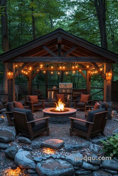 Covered Fire Pit Area Gazebo, Outdoor Fire Pit Area, Gazebo With Fire Pit, Fire Pit Lighting, Backyard Fireplace, Cozy Backyard, Backyard Pavilion, Fire Pit Area, Backyard Fire