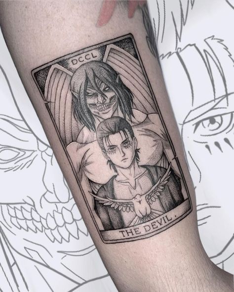 Aot Tarot Cards, The Rumbling Tattoo, Attack In Titan Tattoo Ideas, Aot Tattoo Eren, Aot Tattoos Female, Anime Tarot Card Tattoo, Aot Anime Tattoos, Anime Heart Tattoo, Aot Anime Tattoo Ideas