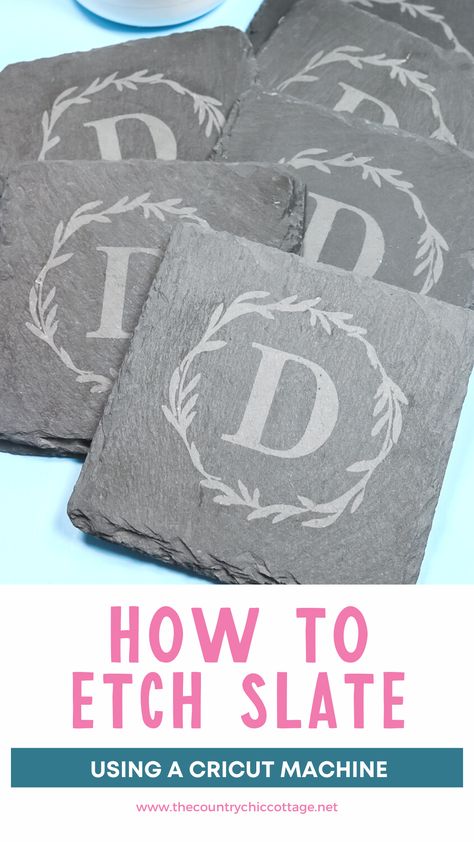 Are you ready to create beautiful etched slate projects? Keep reading to learn how to use your Cricut machine to etch slate for finished projects that look professionally made. #cricutmade #etching Cricket Etching Projects, Armour Etch Ideas, Etching Ideas Projects, Painting Ideas On Slate, How To Etch Slate, Slate Coasters Diy Cricut, Cricut Stencil Projects, Diy Slate Projects, Slate Projects Ideas