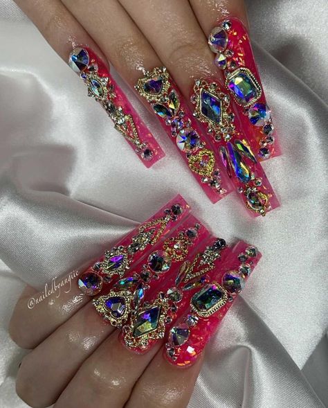 Licensed Nail Artist on Instagram: “#birthdaynails 💗💗 #buchona style🔥 #obsessed Nail tips ,rhinestone gel, no wipe top coat @shopagaloreco . @bluestreakcrystals serenity…” Buchona Nails, Autumn Core, Mani Ideas, Long Acrylic Nail Designs, Jenni Rivera, Long Acrylic, Birthday Nails, Fashion Icon, Long Acrylic Nails