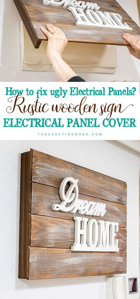 Have those ugly breakers box in plain sight? I do and I don't like it at all. This Rustic Wooden Sign Electrical Panel Cover is pretty, is easy to make and will fix that problem forever! #woodworking #woodsign #woodensign #electricalpanelcover #diywoodensign #howtomakewoodsigns Switch Box Cover Ideas, How To Cover Power Panel, Electrical Board Cover, Ideas To Hide Electrical Panel Inside, Diy Fuse Box Cover Ideas, Db Board Cover Ideas, Diy Cover For Electrical Panel, Electric Fuse Box Cover Ideas, Breaker Cover Ideas