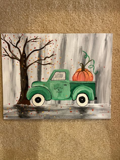 Fall Easy Acrylic Painting Ideas, Fall Truck Paintings On Canvas, Cute Simple Fall Paintings, Pumpkin Painting Ideas For School, Fall Vibes Painting, Fall Canvas Painting Ideas Couples, Fall Art Painting Canvases, Seasonal Painting Ideas, Fall Painting Inspo Easy