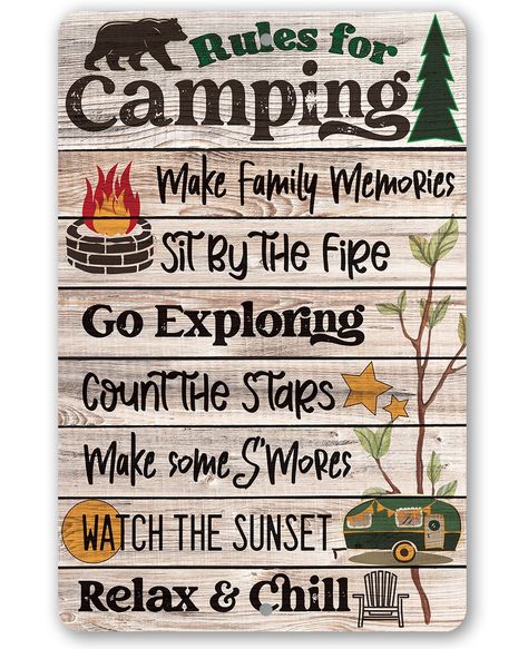 "Tin - Rules for Camping -  Durable Metal Sign - 8\"x12\" or 12\"x18\" - Use Indoor/Outdoor - Great Trailer or RV and Campsite Decor The Perfect Gift - A truly unique gift guaranteed to bring a smile Durable - 8\" x 12\" Aluminum metal sign printed with epoxy ink so you can hang it inside or outside Easy to Hang - Comes with two screw holes and it's light enough to be mounted with double-sided foam tape or Command Strips Guarantee - I'm so sure you're going to love the sign.  Made in the USA (To Campsite Decor, Tomball Texas, Camping Rules, Camping Signs, Camping Decor, Gifts For Campers, Camping Humor, Design Rules, Inspirational Signs