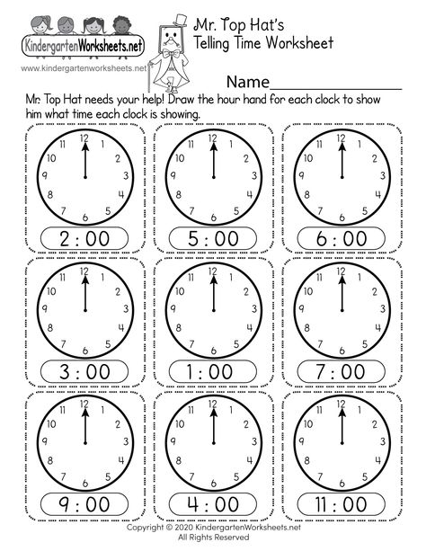 Can you show Mr. Top Hat what time each clock is showing? Students are asked to draw the hour hand for each analog clock in this free telling time to the hour worksheet for kindergarten. Kindergarten Language Worksheets, Thanksgiving Worksheets Kindergarten, Kindergarten Telling Time, Clock Worksheets, How To Tell Time, Kindergarten Math Worksheets Free, Kindergarten Phonics Worksheets, Time To The Hour, Telling Time Worksheets