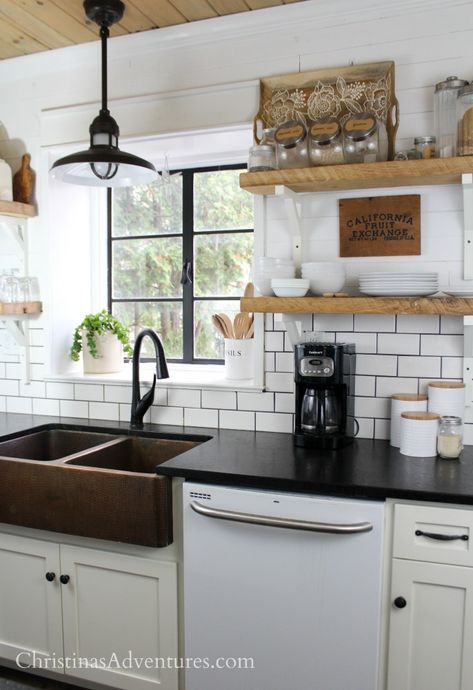 farmhouse kitchen with white subway tile backsplash and dark gray grout and shiplap on the top half of the wall Dark Gray Grout, Leathered Granite, Gray Grout, Leather Granite, Affordable Kitchen, Black Granite Countertops, Dream Farmhouse, Desain Pantry, White Subway Tile Backsplash