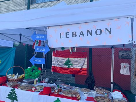 School international day Lebanese stall International Day At School Ideas, International Day Decoration At School, Cultural Day At School Ideas, Lebanon Culture, Food Stand Design, 21st Ideas, Presentation Ideas For School, English Club, Culture Day