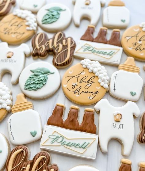 Happy Hour Baby Shower Ideas, Pregger Kegger Cookies, A Baby Is Brewing Cookies, Brewery Baby Shower Ideas, Diaper Keg Party Ideas Food, Baby Is Brewing Shower Ideas, Diaper Keg Party Themes, Beer Baby Shower Ideas, A Baby Is Brewing Baby Shower Ideas