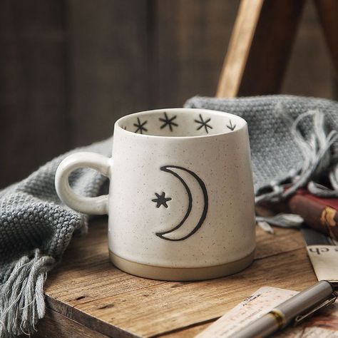 Moon Mug Ceramics, Moon Mug Pottery, Pottery Painting Ideas Easy, Ceramic Moon, Mug Product, Moon Mug, Moon Mirror, Cerámica Ideas, Hand Painted Mugs