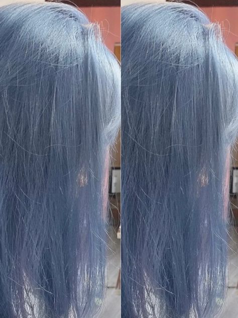 Fog Blue Hair, Blueish Gray Hair Color, Smokey Blue Hair Color, Bluish Gray Hair, Short Periwinkle Hair, Cornflower Blue Hair, Light Blue Grey Hair, Steel Blue Hair Color, Frosty Blue Hair