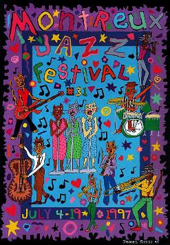 Montreux Jazz Festival 1997 James Rizzi, Montreux Jazz Festival, Concert Poster Art, Jazz Poster, Jazz Art, Festival Poster, Blue Poster, Jazz Festival, Painting Still Life