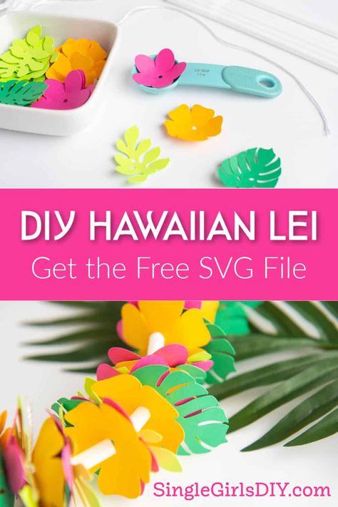 Make a paper Hawaiian lei necklace that will last much longer than the real thing! These colorful flower necklaces are made with a free SVG file and a Cricut machine. Perfect for a tropical pool party at home or a backyard luau. #Hawaii #tropical #cricut #lei Hawaiian Lei Craft For Kids, Luau Leis Diy, Make Your Own Hawaiian Lei, Hawaiian Necklace Flower Diy, Paper Leis Diy, Luau Preschool Theme, Luau Classroom Party, Tropical Crafts For Kids, Aloha Activities