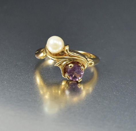 Pearl and Amethyst 14K Gold Cocktail Ring #Victorian #intage #Pearl #Ring #14K #Cocktail #Gold #Amethyst #Etruscan #Bakelite Pearl And Amethyst, Antique Jewellery Online, Vintage Jewelry Antique, Gold Bangles For Women, Pearl Engagement Ring, Pearl Rings, Purple Amethyst Ring, Gold Jewelry Stores, Gold Rings Fashion