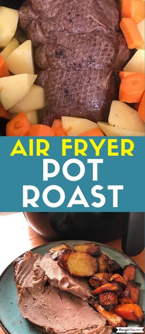 Air Fryer Pot Roast. How to cook a pot roast in the air fryer. Load the air fryer with a beef roast, carrots, and potatoes for a delicious one pot easy air fryer meal. #airfryer #airfryerrecipes #airfryerroast #potroast Air Fryer Pot Roast, Roast In The Air Fryer, Air Fryer Recipes Beef, Roast Beef And Potatoes, Roast Carrots, Crockpot Roast Recipes, Roasted Potatoes And Carrots, Philips Air Fryer, Cooking A Roast