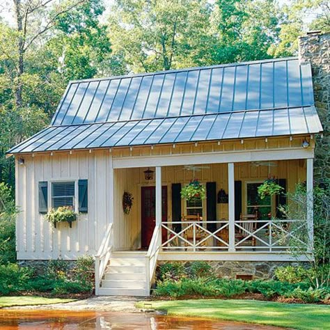 This 973-square-foot Southern Living house plan is cabin living at its best. An open living room with a fireplace, two bedrooms, two baths and a set of French doors that open to a screened back porch. Tiny Cottage Floor Plans, Cottage Flooring, Deer Running, Southern Living House Plans, Tiny Cottage, Cabin Living, Metal Building Homes, Cabins And Cottages, Cabin Plans