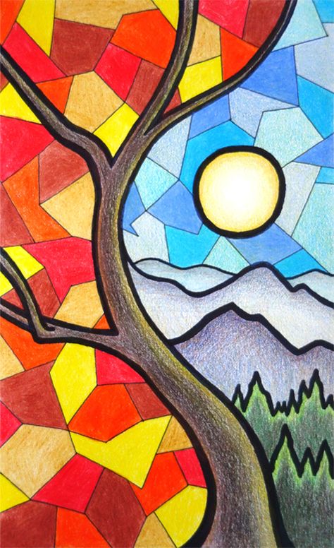 Colored Pencil & Ink, Southern California, 2018 Landscape With Colored Pencils, Colorful Simple Art, Color Pencil And Marker Art, Warm Colors Drawing, Geometric Painting Ideas, Things To Draw And Color, Complementary Colors Art Ideas, Elementary School Art Projects, Color Pencil Art For Beginners