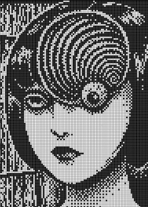 Alpha Patterns Junji Ito, Pixel Crochet Tapestry, Tiny Tapestry Crochet, Pixel Pattern Black And White, Crochet Tapestry Pattern Black And White, Emo Alpha Pattern, Junji Ito Cross Stitch, Horror Cross Stitch Patterns Free, Junji Ito Pixel Art Grid