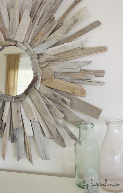 CF DIY Driftwood Mirror Mirror Projects, Diy Mirrors, Diy Driftwood, Driftwood Furniture, Driftwood Diy, Driftwood Mirror, City Farmhouse, Driftwood Projects, Pallet Project