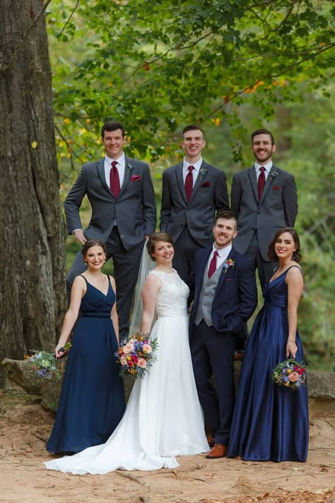 Navy Blue Maroon Gray Wedding, Navy Blue Gray And Burgundy Wedding, Fall Wedding Colors Gray Suits, Navy Blue And Burgundy Wedding Bridesmaid Dresses, Navy Blue And Red Wedding Decorations, Navy Blue Wedding Party Groomsmen, Burgundy And Navy Bridal Party, Navy And Burgundy Wedding Party, Navy Blue Maroon Wedding