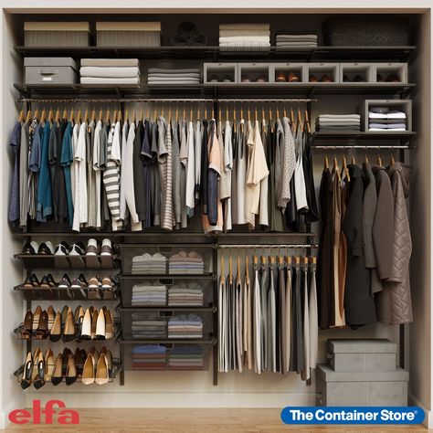 Our exclusive Elfa Classic 8' Graphite Reach-In Closet maximizes every inch of closet space. Spacious Ventilated Shelves provide storage for out-of-season clothes. Closet rods for sweaters, shirts, and jackets. Mesh Drawers for pants and jeans. Plus, plenty of gliding shoe racks! Affordable Closet Systems, Elfa Closet, Elfa Shelving, Closet Solutions, Closet Kits, Reach In Closet, No Closet Solutions, Shelving Storage, Closet Organizing Systems