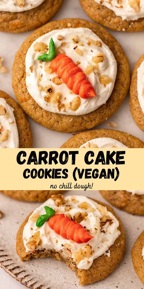 Vegan carrot cake cookies that taste just like classic carrot cake but as thick and soft cookies! They are made with simple ingredients and come together in one bowl. Vegan Butter Substitute, Classic Carrot Cake, Spiced Cake, Vegan Carrot Cake, Soft Cookies, Carrot Cake Cookies, Vegan Baking Recipes, Vegan Cookies Recipes, Vegan Carrot Cakes