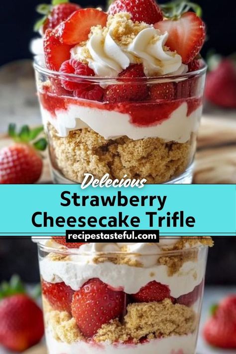 A creamy, fruity dessert featuring layers of fresh strawberries, rich cheesecake filling, and a buttery graham cracker crust. Quick and easy to assemble, perfect for any occasion. Strawberry Graham Cracker Dessert, Strawberry Cheesecake Trifle Recipe, Strawberry Cheesecake Trifle, Graham Cracker Dessert, Cracker Dessert, Fruity Dessert, Trifle Recipes, Rich Cheesecake, Cheesecake Trifle