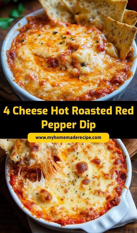 This 4 Cheese Hot Roasted Red Pepper Dip is a cheesy, flavorful appetizer that’s perfect for parties! With a blend of four cheeses and roasted red peppers, it’s a crowd-pleaser that’s rich and creamy. Roasted Red Pepper Dip Cream Cheese, Dip With Bread, Bread Crackers, Best Dip Recipes, Roasted Red Pepper Dip, Red Pepper Dip, Pepper Dip, Cheesy Appetizer, Cheesy Dip