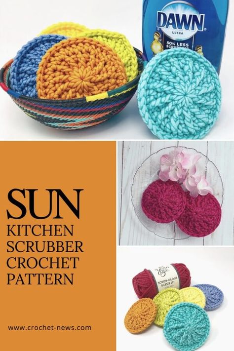 The Sun Kitchen Scrubber Crochet Pattern creates a double sided dish scrubber that can be used for your kitchen or bathroom scrubbing needs.#crocehetpattern #crochet #crochetideas #freecrochet Dish Scrubber Crochet, Scrub Ology Crochet Patterns, Scrubology Scrub It Yarn Patterns Free, Crochet Dish Scrubbies Pattern Free, Crochet Dish Scrubbies, Scrubby Crochet Pattern, Sun Kitchen, Scrubby Yarn Crochet Patterns, Crochet Dish Scrubber