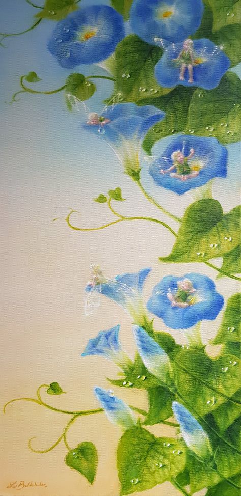 'Rise And Shine' Lynne Bellchamber Fairy Art Lynne Bellchamber, Fairies Painting, Morning Glory Vine, Fae Art, Unicorn And Fairies, Fairy Paintings, Artwork On Canvas, Beautiful Fairy, Fairy Dragon