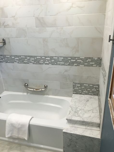 Shower Tub Combo With Bench, Tub With Bench Seat, Bathtub With Seat At End, Tub With Seat At End, Tub Shower Combo With Seat, Main Bathroom Remodel With Tub, Bathtub With Bench At End, Bathtub With Bench, Garden Tub Remodel