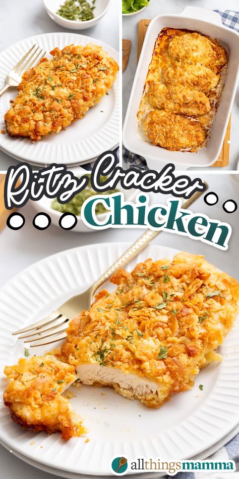 Ritz Cracker Chicken collage image pin. Cracker Chicken Baked, Ritz Cracker Chicken Recipes, Ranch Ritz Cracker Chicken, Sour Cream Ritz Cracker Chicken, Ritz Breaded Chicken, Club Cracker Chicken, Quick Skillet Chicken Recipes, Chicken Ritz Crackers Baked, Ritz Cracker Chicken With Mayo