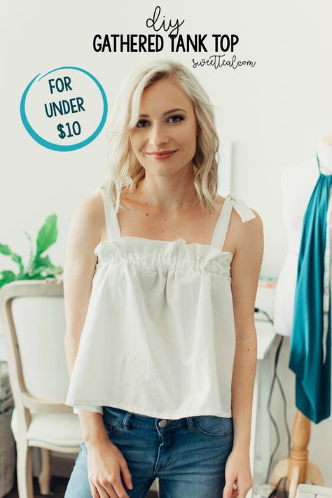 DIY gathered tank top for under $10 by Jenny Bess at Sweet Teal. #diyclothing #diytop #gatheredtop #shonajoy #didiertop Tank Top Sewing Pattern, Cut Hoodies, Tank Tops Diy, Shirt Makeover, Cut Up Shirts, Tank Top Pattern, Sewing Clothing, Diy Tops, Sewing Tutorials Free