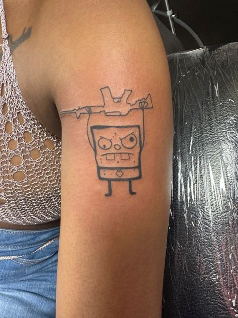 Doodle bob tattoo by Miranda west Funny Cool Tattoos, Corny Tattoos, Funny Cartoon Tattoos, Unhinged Tattoos, Tattoo Ideas Cartoon Characters, Cartoon Tattoos Ideas, Doodle Tattoos For Women, Sackboy Tattoo, Funny Spongebob Tattoo