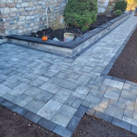 Cambridge paver installation. Call 201-768-7777 for a free estimate! Driveway Pavers Extension, Courtyard Inspiration, Paver Installation, Belgard Pavers, Cambridge Pavers, Landscape Ideas Front Yard Curb Appeal, How To Install Pavers, Backyard Seating Area, Paver Walkway