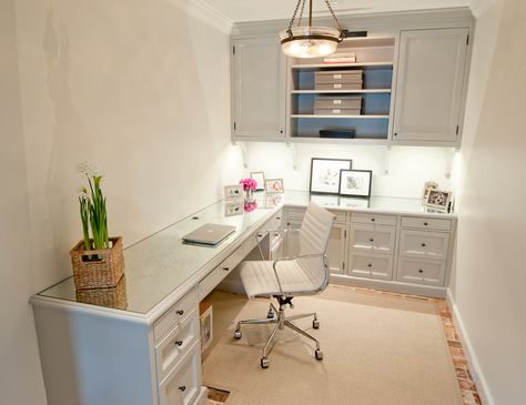 notice custom rug over the brick -my office will have a window in front but definitely room for lots of storage on the sides like this... Traditional Home Office, Basement Office, Small Office Design, Painted Cabinets, Shaped Desk, Small Home Offices, Office Nook, White Desk, Small Room Design