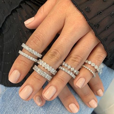 Eternity Bands 101: Everything You Need to Know Wedding Band Stack, Eternity Band Stack, Emerald Cut Eternity Band, Sapphire And Diamond Band, Favorite Engagement Rings, Moissanite Vs Diamond, Stacked Wedding Bands, Ruby Bands, Wedding Band Designs