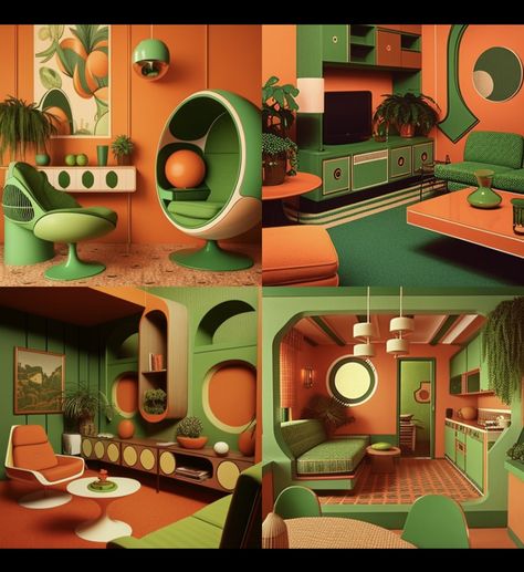 70 Architecture Interior Design, Green And Orange Furniture, Midcentury Maximalist Bedroom, 60s Retro Futurism Interior, 70s Retro Futurism Interior, 70 Decor, Retrofuturism Aestethic Interior, Extreme Interior Design, Seventies Decor