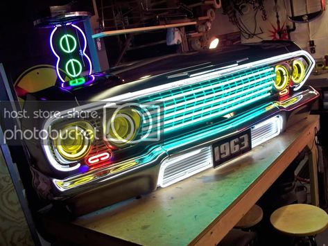 Garage Art Ideas, 1965 Impala, Garage Hacks, Car Part Art, Car Parts Decor, Garage Furniture, Flying Wing, Cool Garages, Car Part Furniture