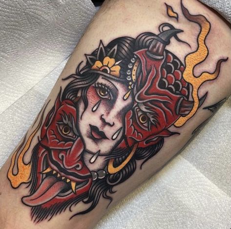 Lady Demon Tattoo, Flipface Tattoo Traditional, Traditional Tattoo Thigh Piece, Neo Traditional Angel Tattoo, Leg Tattoos Traditional, Devil Face Tattoo, Traditional Tattoo Girls, Tv Tattoo, Leg Tats