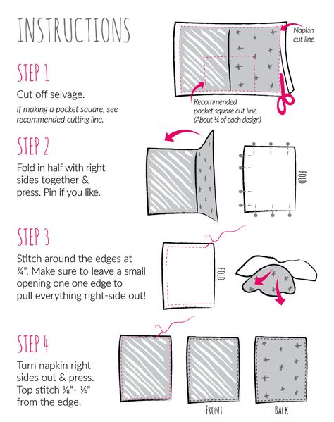 Instructions for how to sew your new double sided pocket square or cloth napkin. Order now to receive yours by V-day! Pocket Square Sewing Pattern, How To Sew A Pocket Square, Diy Pocket Square, Pocket Square Folds, Pocket Square Pattern, Sewing Pockets, Picnic Tablecloth, Kitchen Decor Inspiration, Diy Napkins