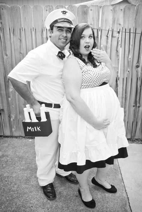 the milkman and the pregnant 50's housewife  Halloween costume Pregnant Housewife Costume, Housewife Halloween Costume, Milkman Costume, Halloween Pregnancy Costumes, Pregnant Housewife, Housewife Costume, 50's Housewife, 50s Housewife, The Milkman