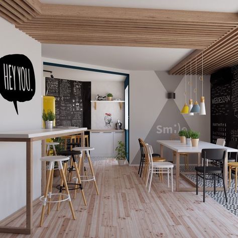 Dev Labs – Area to eat lunch and relax. – Quattro Studio Office Dining Area, Break Room Design, Staff Lounge, Office Break Room, Office Wall Design, Church Interior Design, Student Room, Staff Room, Office Space Design