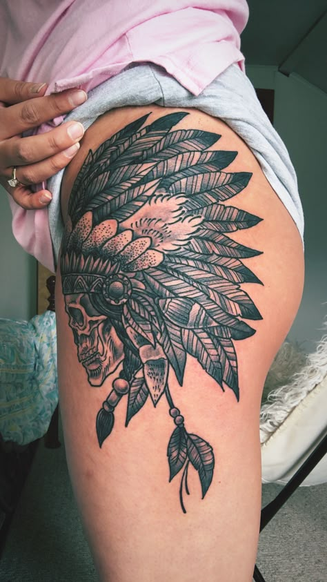 Native Sleeve Tattoo Women, Indian Headdress Tattoo Thigh, Native American Shoulder Tattoo, Native Raven Tattoo, Indian Hip Tattoo, Native American Theme Tattoo, Native Headdress Tattoo, Western Themed Tattoos For Women, Punchy Western Thigh Tattoos