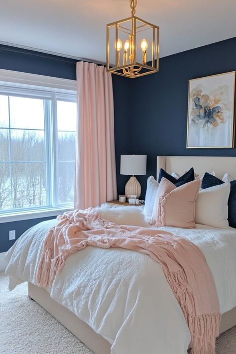 navy and blush bedroom ideas Neutral Upholstered Bed, Navy Blue And Pink Bedroom, Earthy Boho Bedroom, Minimal Boho Bedroom, Bedding Combinations, Navy Bedroom Ideas, Blue Upholstered Headboard, Navy Blue Bedroom Ideas, Modern Organic Bedroom