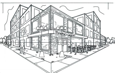 Exterior of a Cafe Inspired by My Mom Cafe 2 Point Perspective, 2 Point Perspective Drawing Exterior, 2 Point Perspective Exterior, Cafe Perspective, Two Point Perspective City, 2 Point Perspective City, Store Drawing, 2 Point Perspective Drawing, 3 Point Perspective