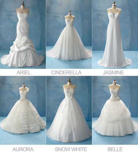 Disney Wedding Dresses. I love Snow White & Cinderella. Types Of Wedding Dresses, Disney Princess Wedding Dresses, Disney Princess Wedding, Disney Inspired Wedding, Disney Wedding Dresses, Disney Fairy Tale Weddings, Disney Princess Dresses, Princess Inspired, Princess Wedding Dress