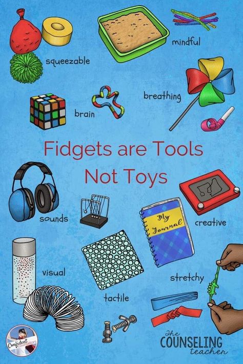 When used correctly and with rules, Fidget tools can become a great way to keep students focused and on task.  This blog post talks about using fidgets with the whole class.  #fidgettoys #copingtools #schoolcounselor #specialeducation #fidgettools Calm Down Kit, Fidget Tools, Calm Down Corner, Elementary Counseling, Elementary School Counseling, Education Positive, School Social Work, Mindfulness For Kids, Character Education