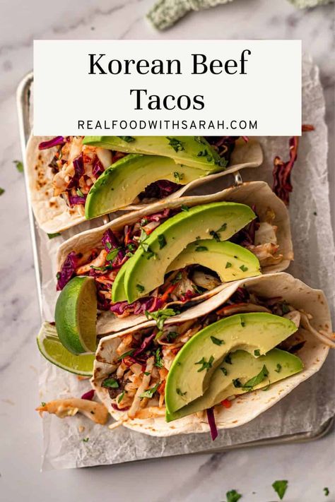 These sweet and spicy Korean Beef Tacos are filled with tender, flavorful slices of beef and topped with a vibrant, crunchy and spicy coleslaw. Dinner will be on the table in just 25 minutes! Korean Steak, Spicy Korean Beef, Korean Beef Tacos, Steak Taco Recipe, Korean Beef Bulgogi, Spicy Coleslaw, Asian Meals, Glazed Meatballs, Beef Tacos