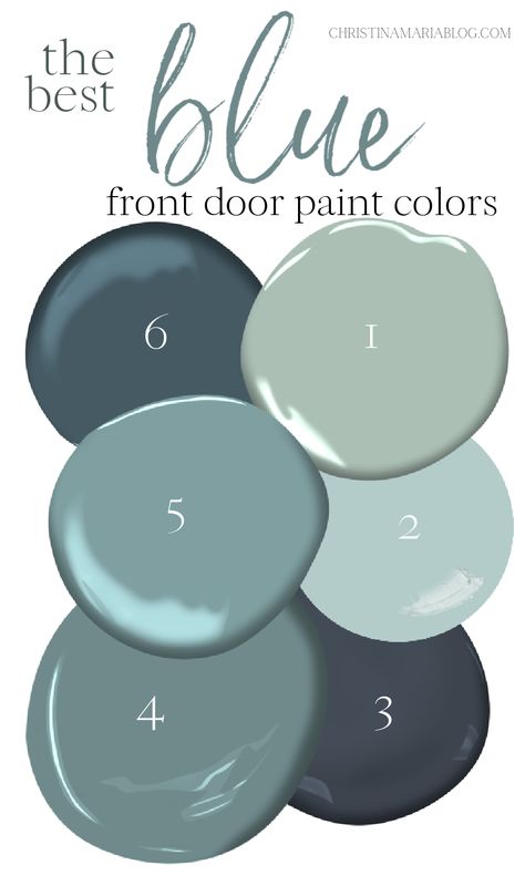 Best Blue Paint For Front Door, Teal Blue Front Door, Shutters And Front Door Colors, Kitchen Door Paint Ideas, Light Gray House Door Color Ideas, Blue Green Door Exterior, Blue Gray Front Door Color, Best Blue Front Door Colors, Modern Farmhouse Front Door Colors