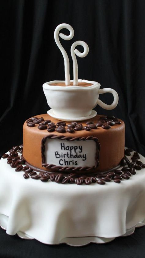 Coffee themed cake  Renee's WICKED Good Cakes  Like us on facebook! Coffee Birthday Cake, Coffee Sponge Cake, Coffee Cake Decoration, Happy Birthday Coffee, Coffee Birthday, City Cafe, Fondant Cakes Birthday, Tea Cup Cake, Orange Chocolate Cake