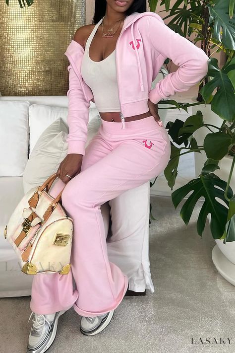 Lasaky - Cozy Cropped Jacket and Flare Leg Pant Set Sweat Suits Outfits, Flare Leg Pants Outfit, Tracksuit Outfit, Leg Pants Outfit, Sweat Suit, Women's Outfits By Occasions, Stylish Summer Outfits, Two Piece Pants Set, Pink Set